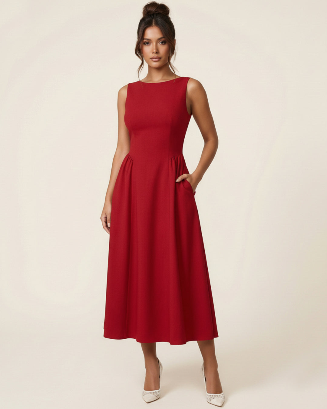 Emerson Red Midi Dress with Pockets, dress with pockets women​, red birthday dress