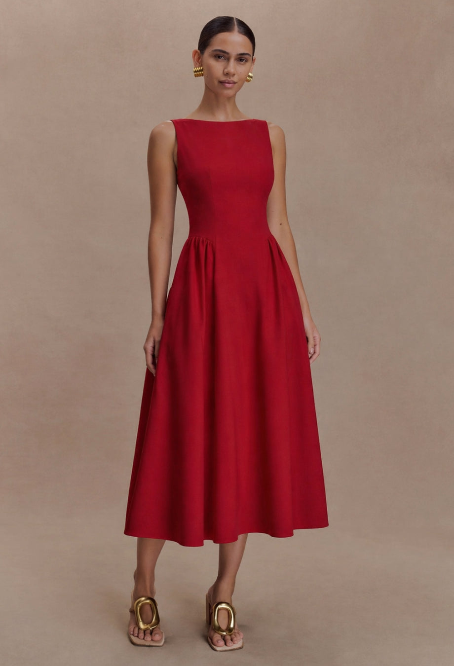 Emerson Red Midi Dress with Pockets, dress with pockets women​, red birthday dress