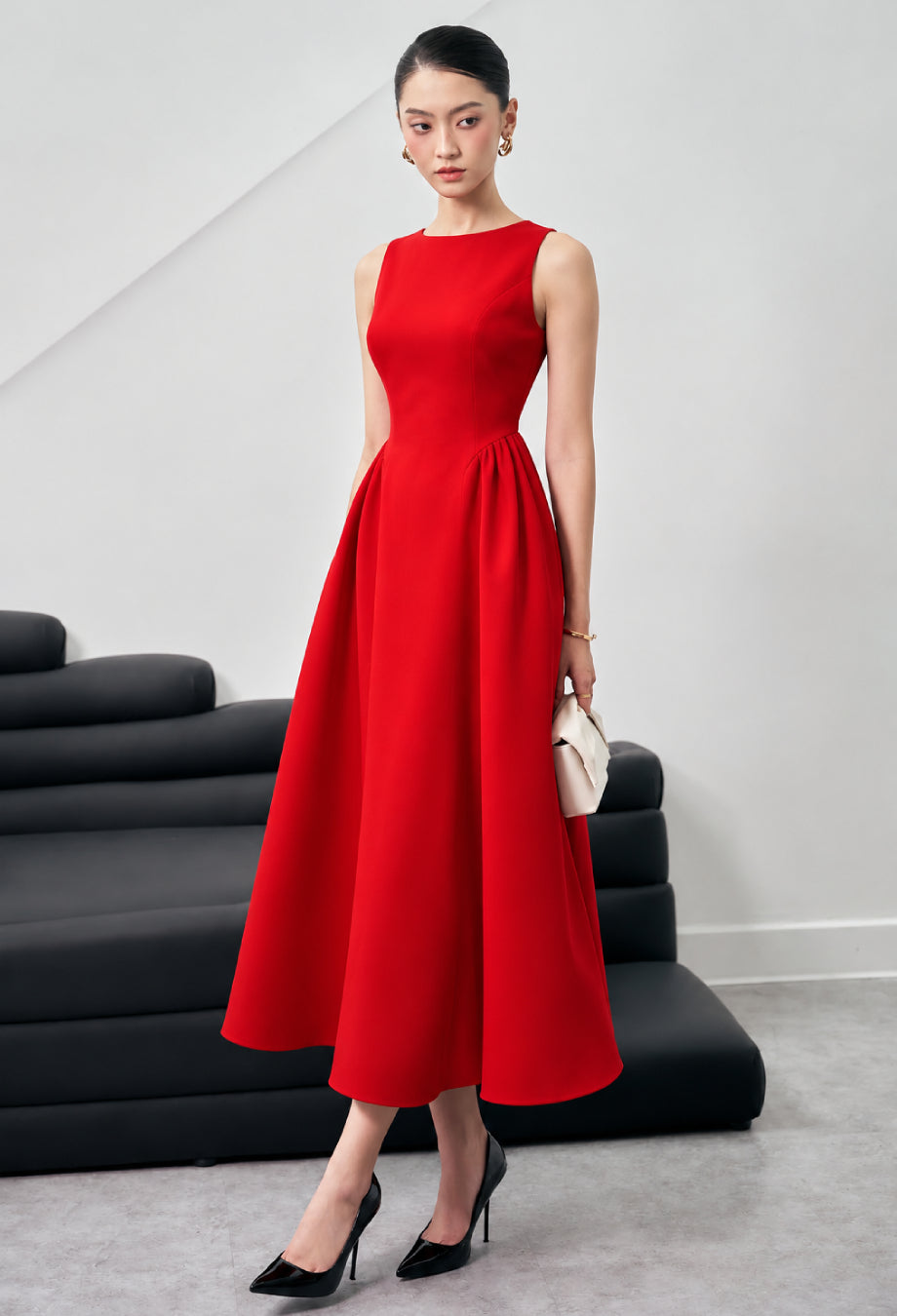 Emerson Red Midi Dress, babyboo red dress, red babyboo dress
