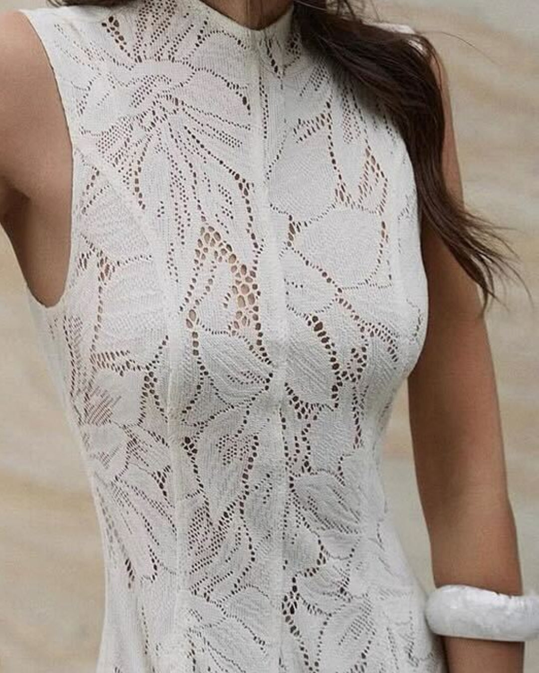 dkny lace dress white DKNY Women's Linen-Blend Lace-Trimmed MIDI Dress in Coconut