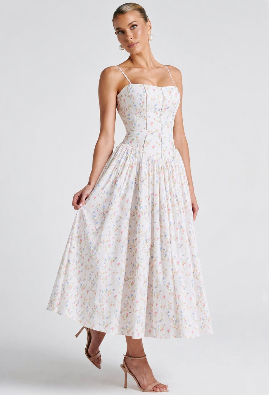 Evelyn white floral print midi dress, beautiful floral dress to a wedding