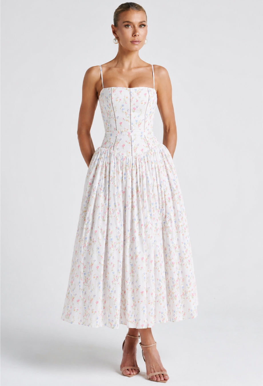 Evelyn White Floral Midi Dress