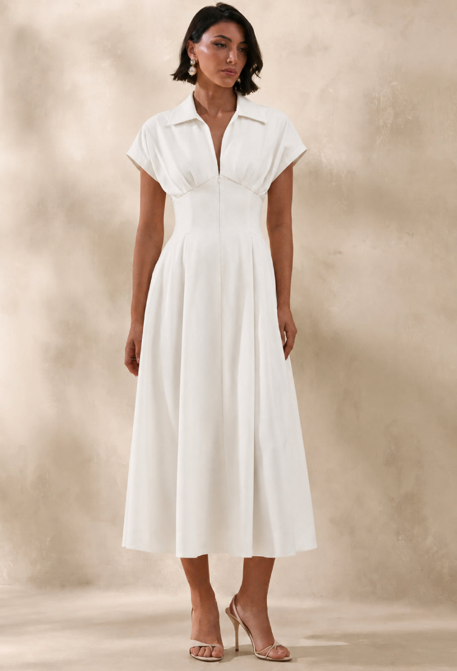Farlow White Cotton-Blend Summer Formal Midi Dress, white cotton dress, summer formal dress​