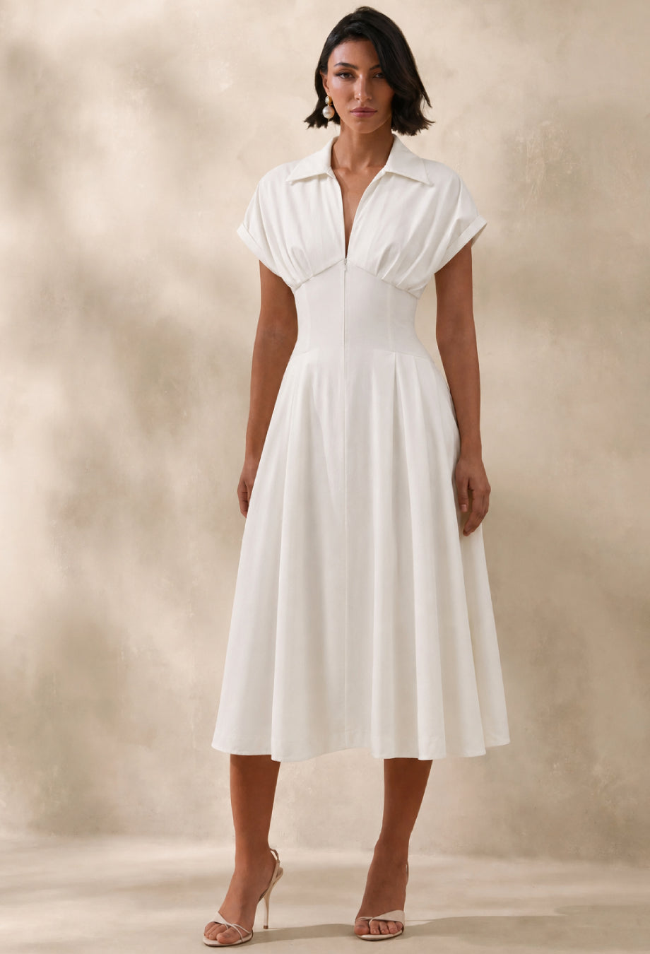 Farlow White Cotton-Blend Summer Formal Midi Dress, white cotton dress, summer formal dress​
