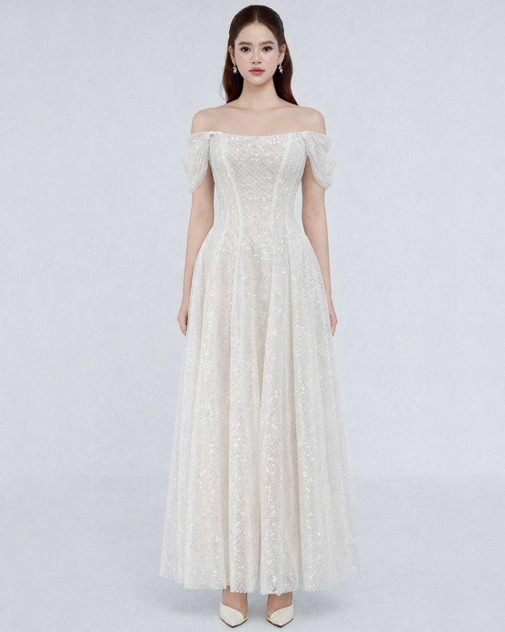Felicity White Off-the-Shoulder Sparkly Midi Dress, Bridal Shower Dress, white bridal shower dress​, white dress for bridal shower