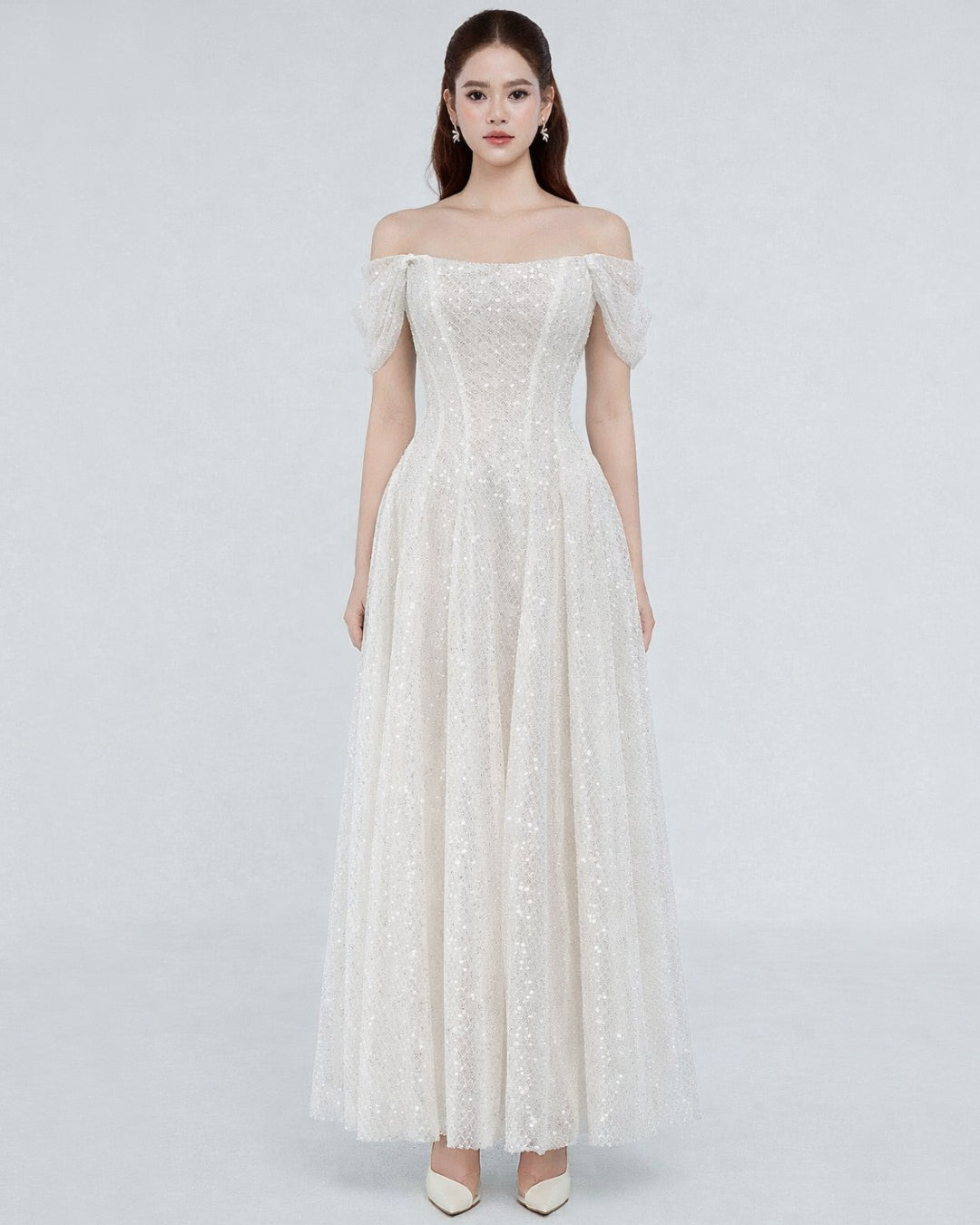 Felicity White Off-the-Shoulder Sparkly Midi Dress, Bridal Shower Dress, white bridal shower dress​, white dress for bridal shower