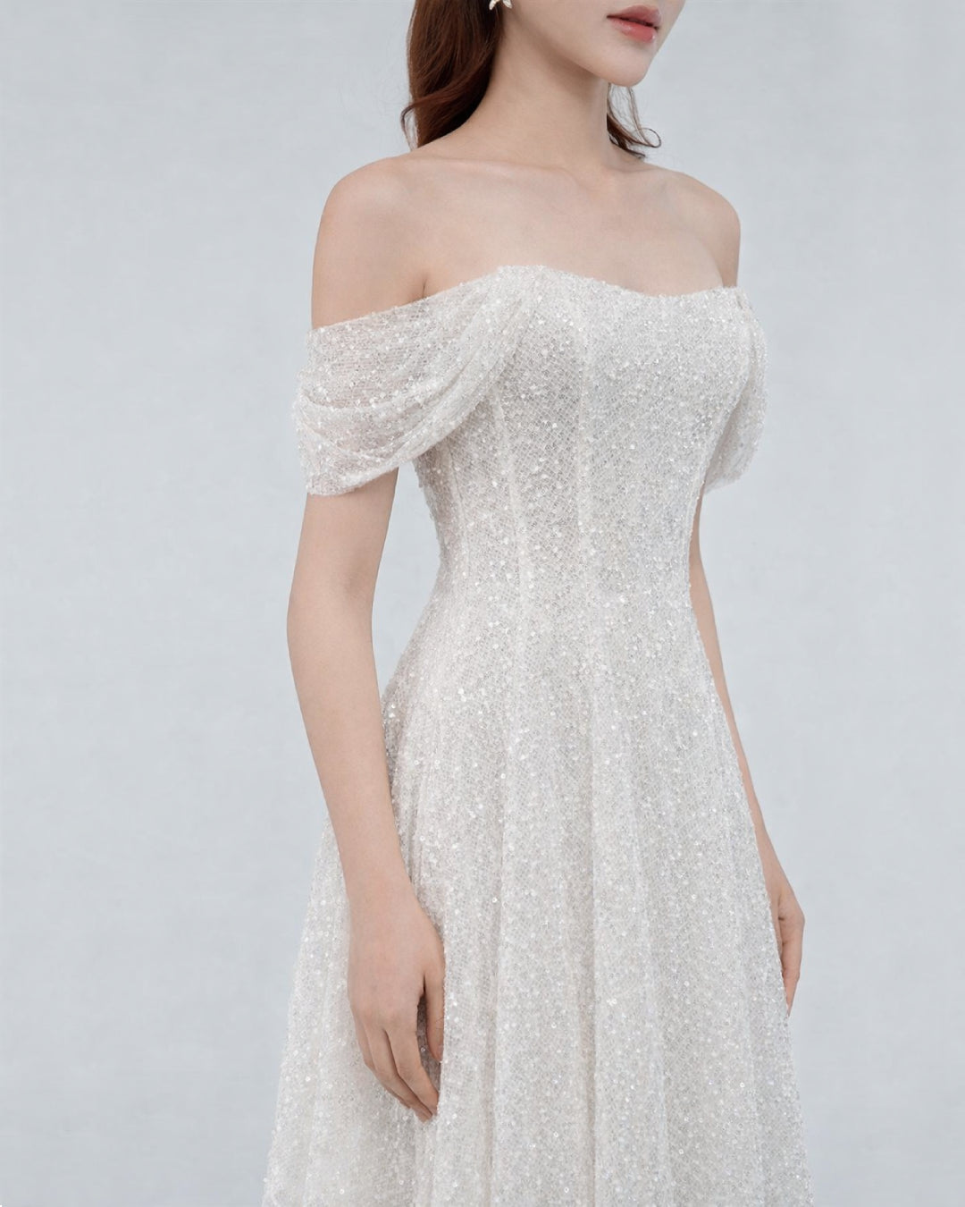 Felicity White Off-the-Shoulder Sparkly Midi Dress, Bridal Shower Dress, white bridal shower dress​, white dress for bridal shower