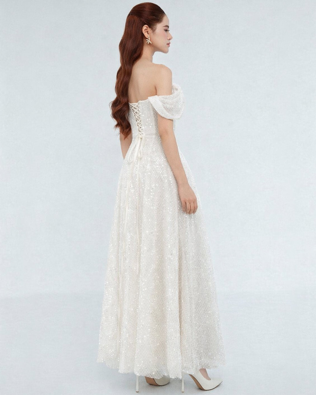 Felicity White Off-the-Shoulder Sparkly Midi Dress, white lace bridal shower dress​, white sparkly dress​, sparkly wedding dress​