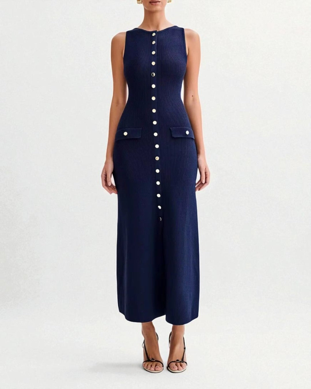 Fitted Stretch Button-Down Midi Dress, midi dress​, navy blue midi dress​, dress midi summer​, dress for office women​, office dress​, office dresses for women​, summer office dresses
