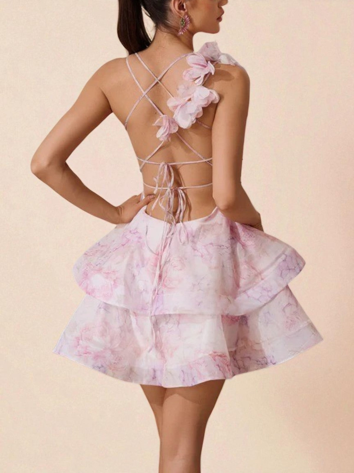 Back view of floral tiered halter party dress