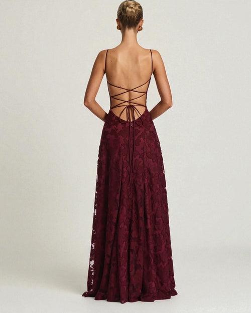 chinese dress ladies Juana | Burgundy Lace and Satin Sweetheart-Neck Satin Maxi Dress main image 0