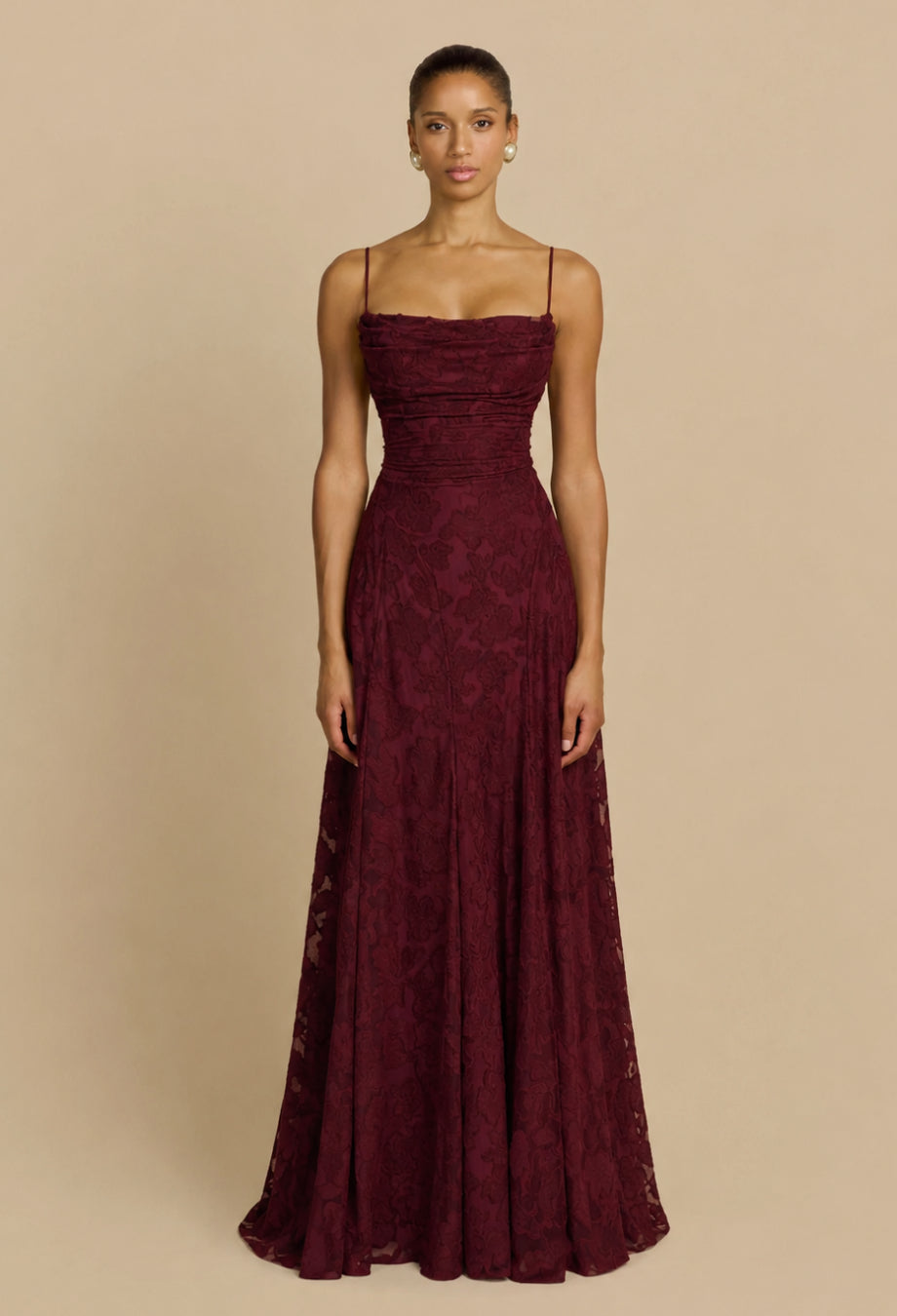 Close-up of lace detail on Francis red bridesmaid dress