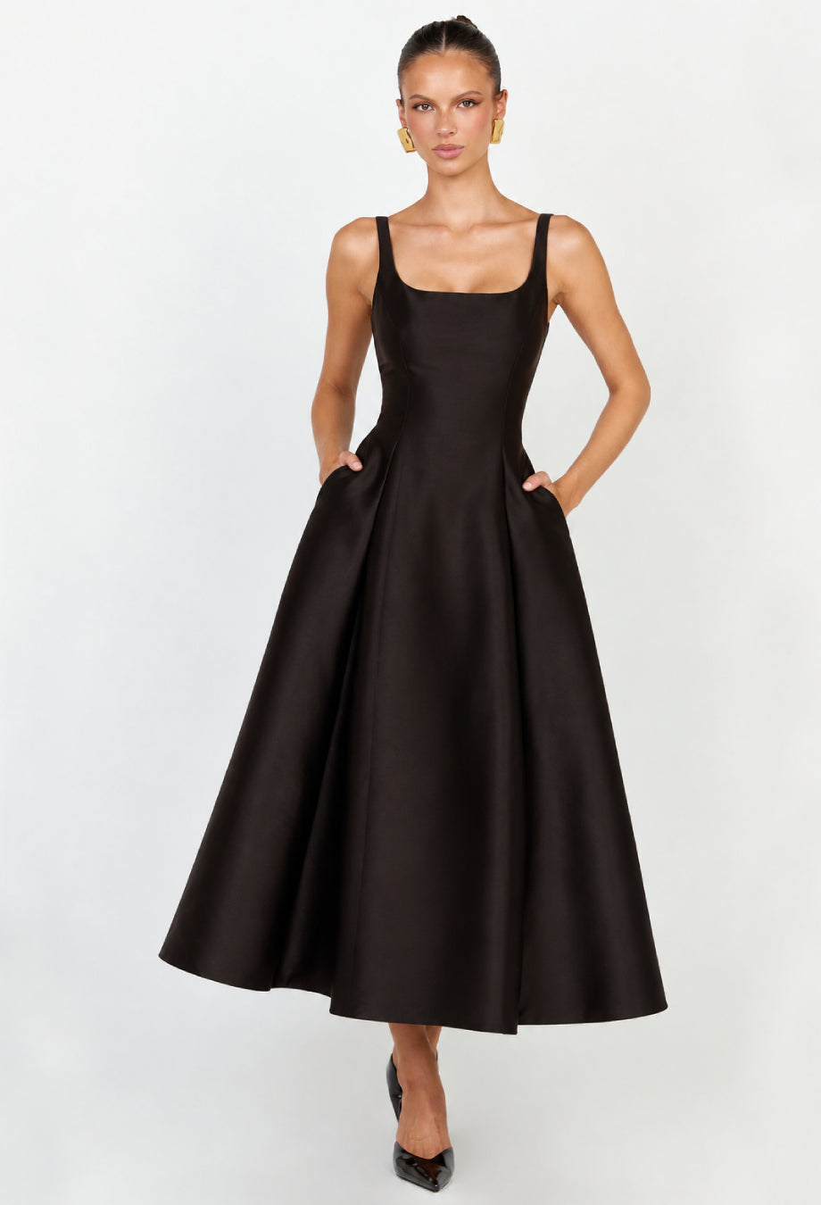 Françoise Black Square-Neck Midi Dress for Formal Events, black square neck dress​, black square neck midi dress
