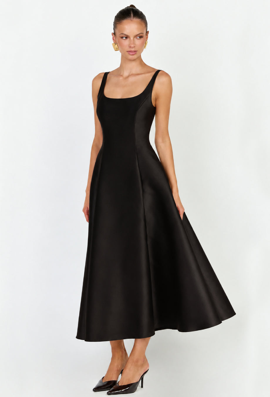 Françoise Black Square-Neck Midi Dress for Formal Events, square neck black midi dress, square neck midi dress black