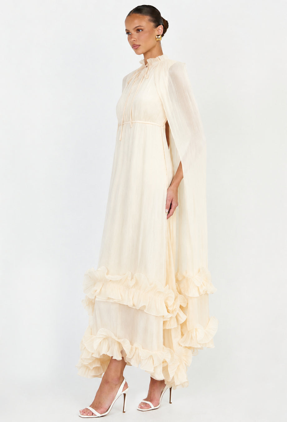 Gabrielle White Ruffle Maxi Gown with Pleated Cape Shawl, white ruffle maxi dress, ruffle chiffon maxi dress