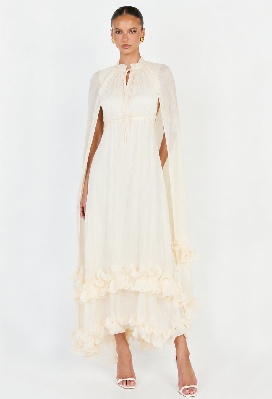 Gabrielle White Ruffle Maxi dress with Pleated Cape Shawl, white ruffle maxi dress, ruffle chiffon maxi dress