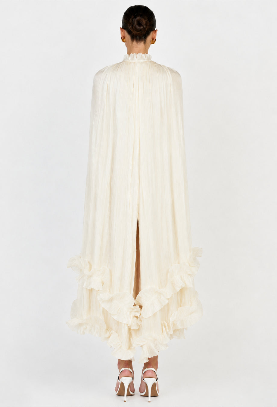 Gabrielle White Ruffle Maxi dress with Pleated Cape Shawl, ruffle tiered maxi dress, white maxi dress with sleeves​