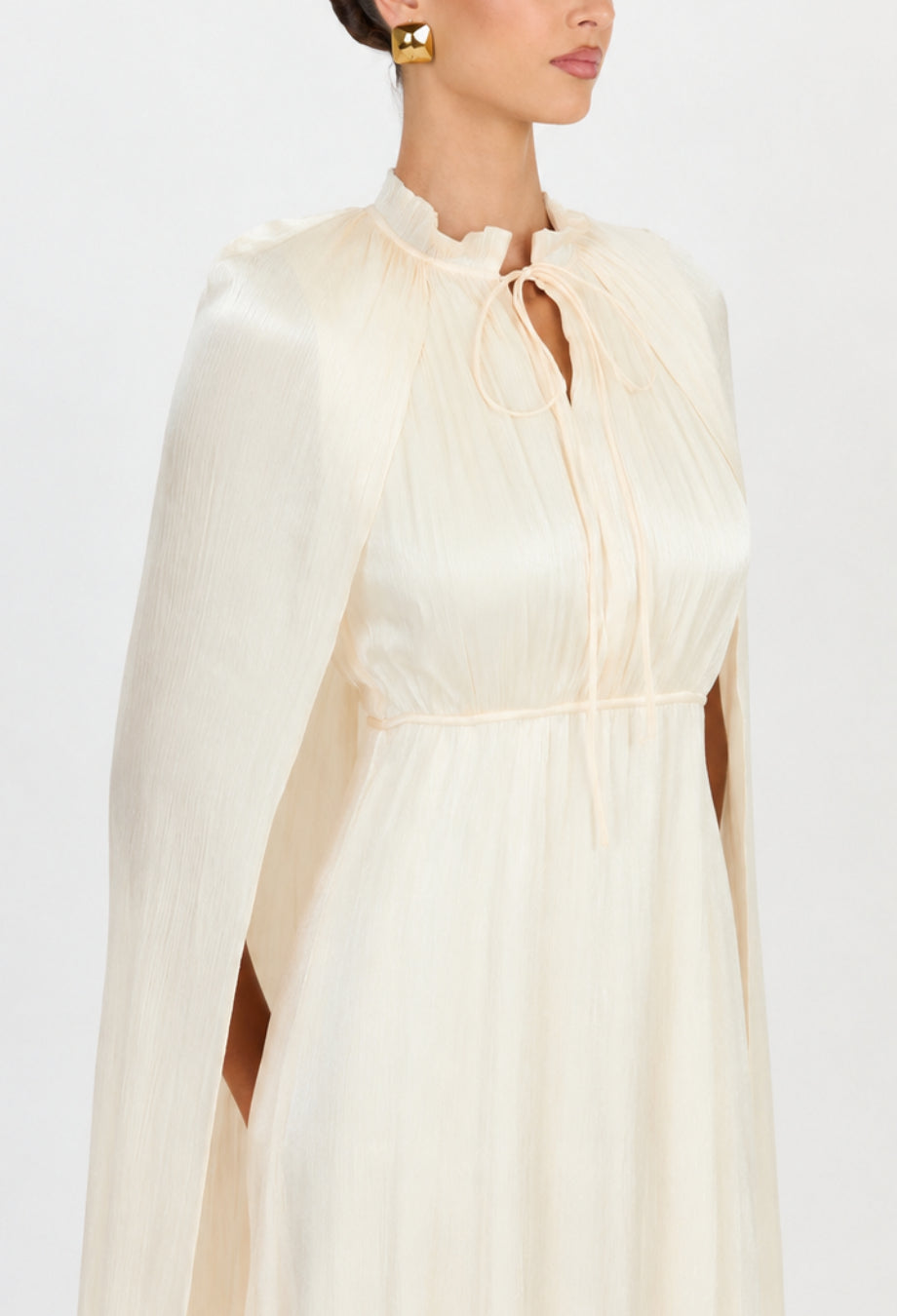 Gabrielle White Ruffle Maxi dress with Pleated Cape Shawl, maxi dress with shawl​, ruffle tiered maxi dress