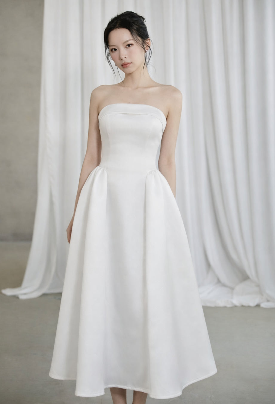 Georgiana Strapless Midi Dress, strapless satin dress​, strapless formal dress​