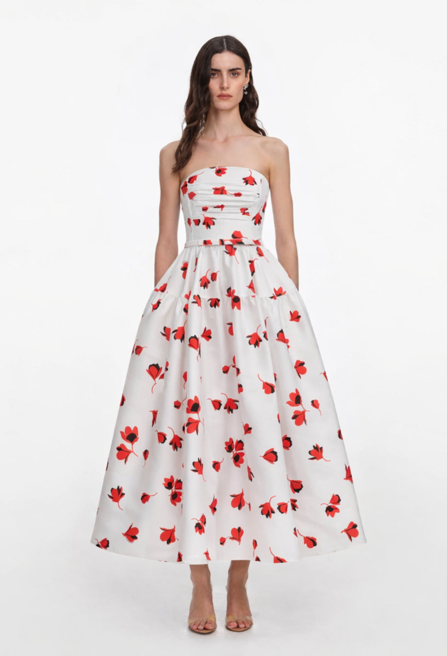 Gina Floral Print Strapless Midi Dress, summer floral dress​, summer dress floral, womens wedding guest outfits