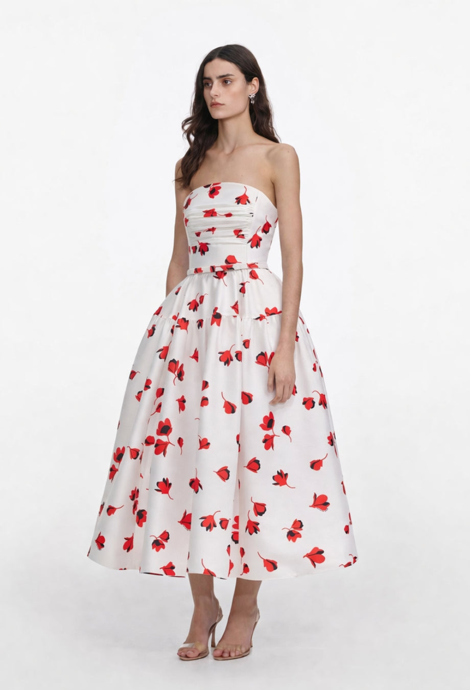 Gina strapless floral print formal wedding guest midi dress