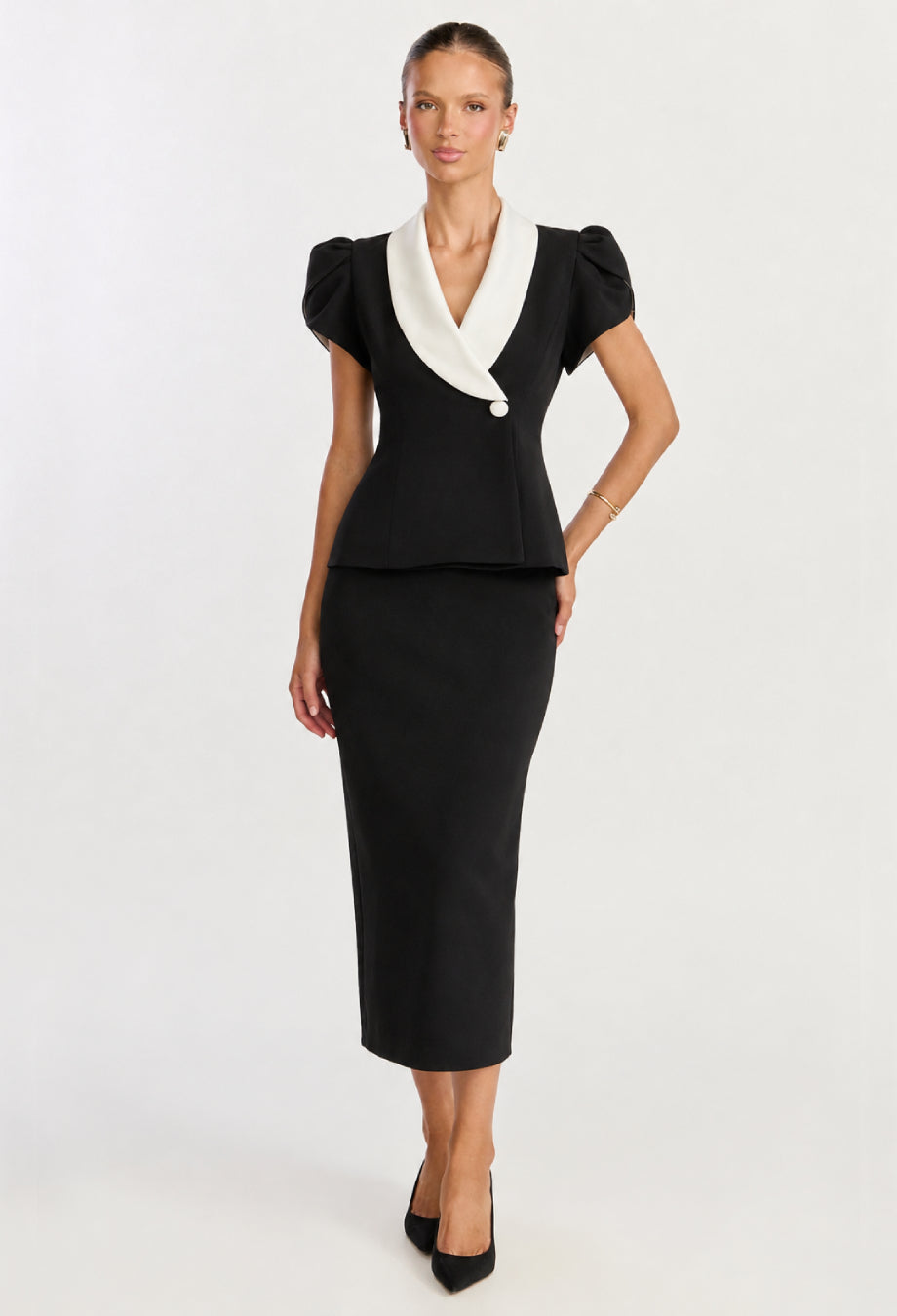 Fitted Blouse and Pencil Skirt, Gloria Black & White Two-Piece Set, pencil skirt and blouse, black and white two piece set​