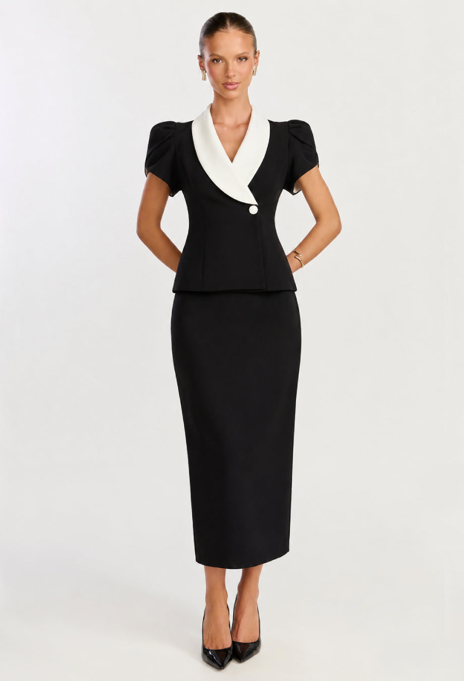 Fitted Blouse and Pencil Skirt, Gloria Black & White Two-Piece Set, pencil skirt and blouse, black and white two piece set​