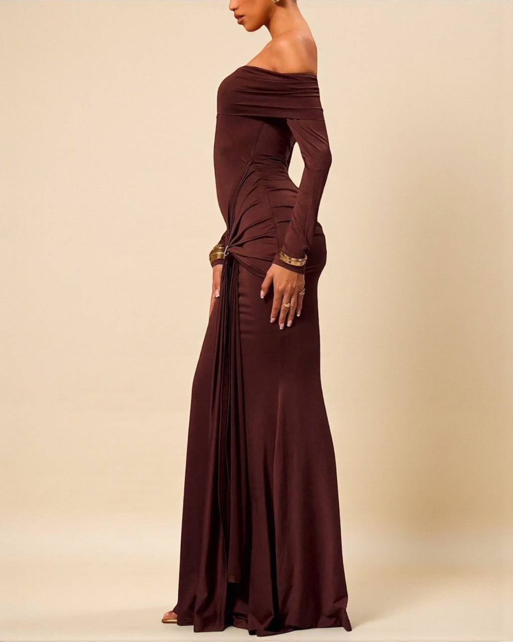 Viral dress – Grace Coffee Brown Maxi Gown in semi-sheer knitted fabric