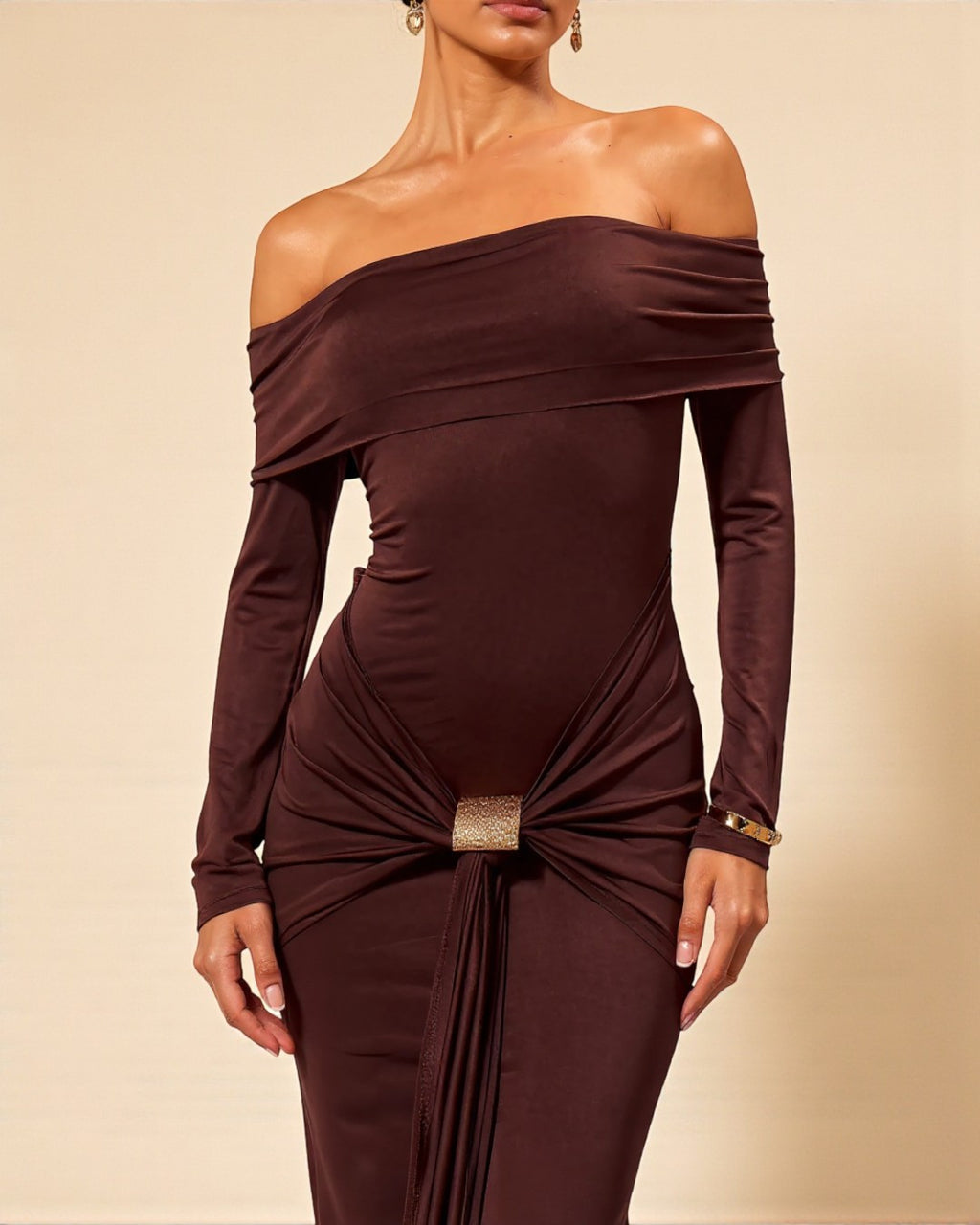 Bandeau bebe inspired – Grace Coffee Brown Long Sleeve Maxi Dress
