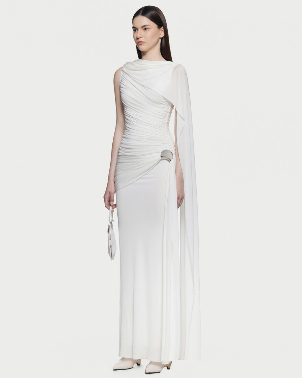 Helena White Maxi Dress, High Neck White Maxi Dress, feminine silhouette dress, winter white maxi dress