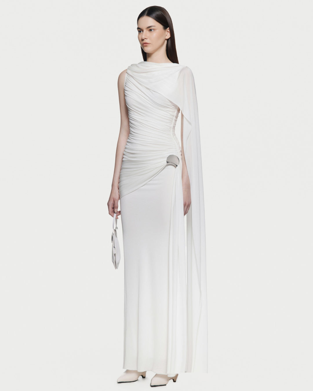 Helena White Maxi Dress, High Neck White Maxi Dress, feminine silhouette dress, winter white maxi dress