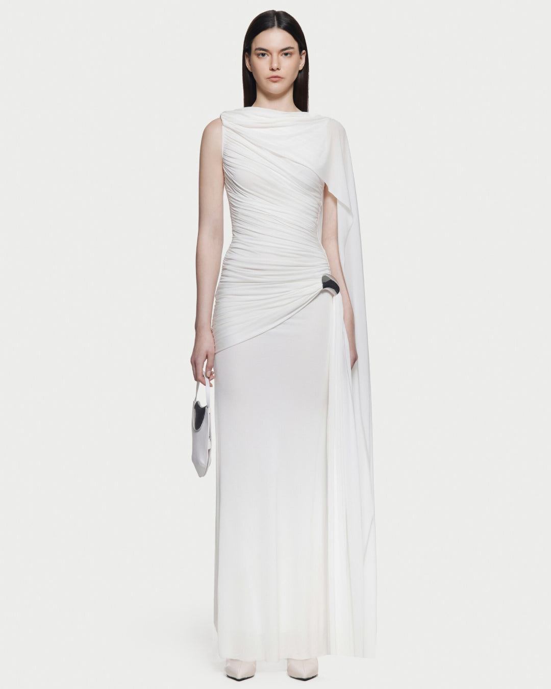 Helena White Maxi Dress, High Neck White Maxi Dress, feminine silhouette dress, winter white maxi dress