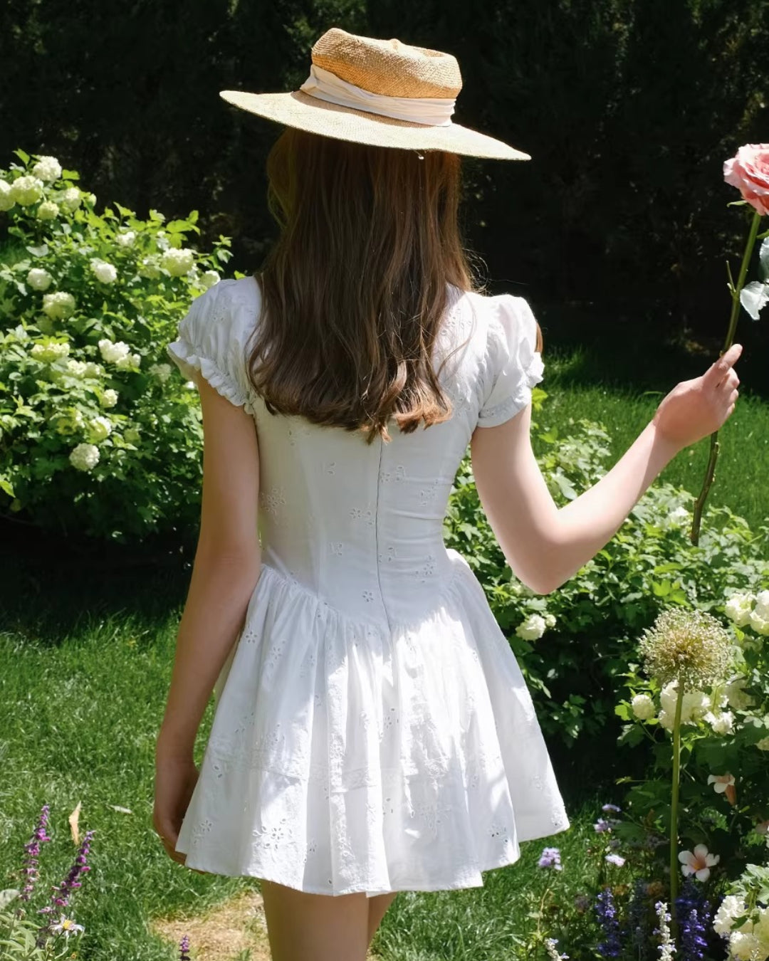 Imani Pleated Broderie Anglais Mini Dress in White, wedding guest dress garden, garden party wedding guest dress​