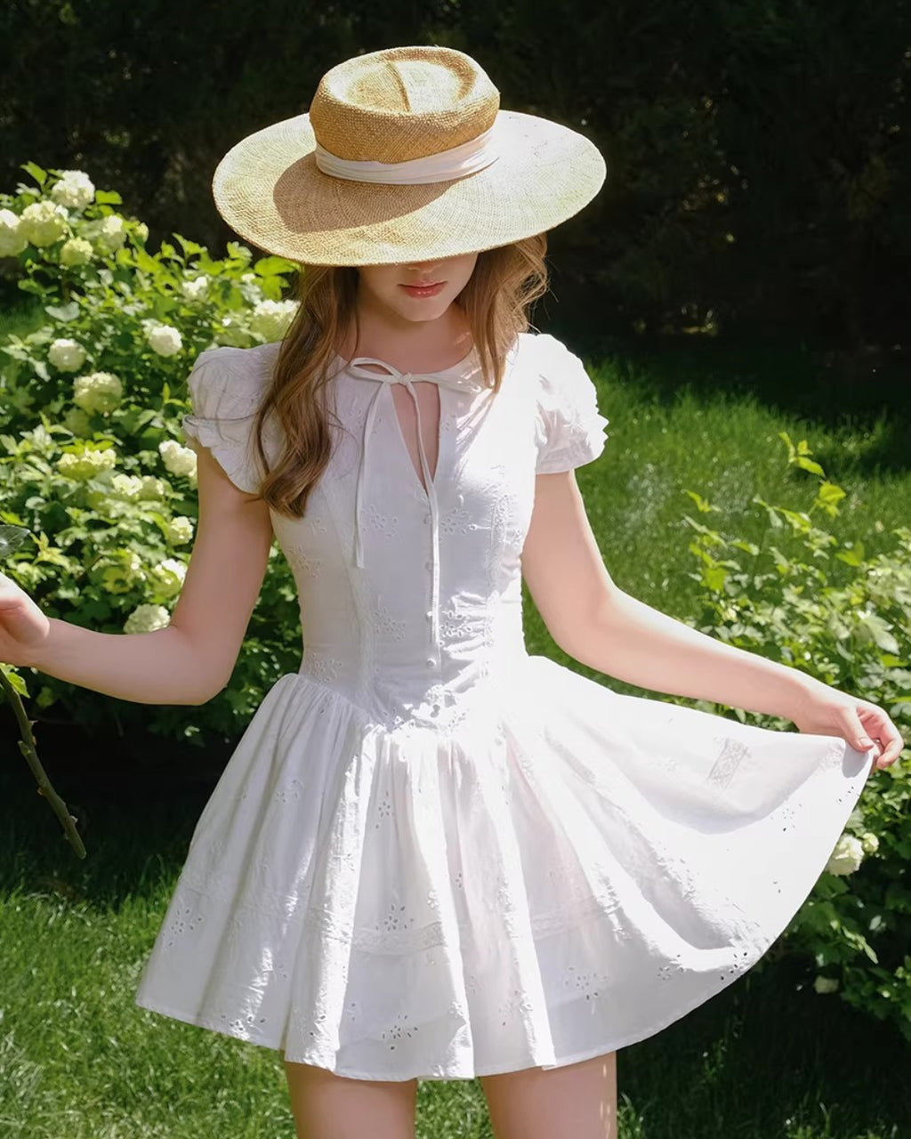 Imani Pleated Broderie Anglais Mini Dress in White, garden dress​, garden wedding dress