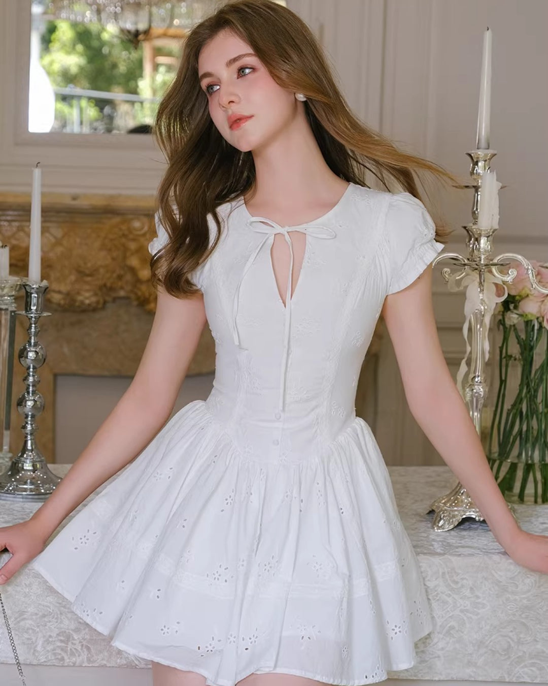 Imani Pleated Broderie Anglais Mini Dress in White, garden dress​, garden wedding dress