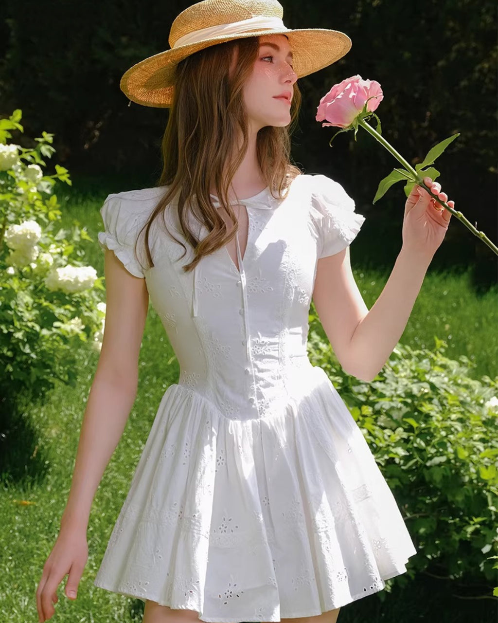 Imani Pleated Broderie Anglais Mini Dress in White, wedding guest dress garden, garden party wedding guest dress​