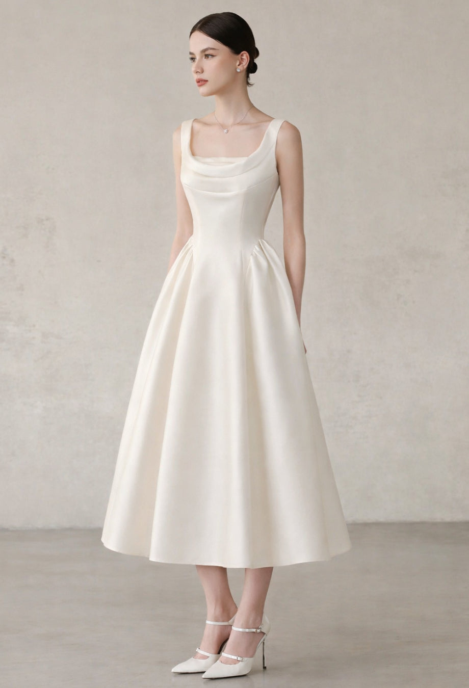 Isabeau Ivory Satin Midi Dress, wedding dress for civil ceremony, wedding dress civil ceremony​