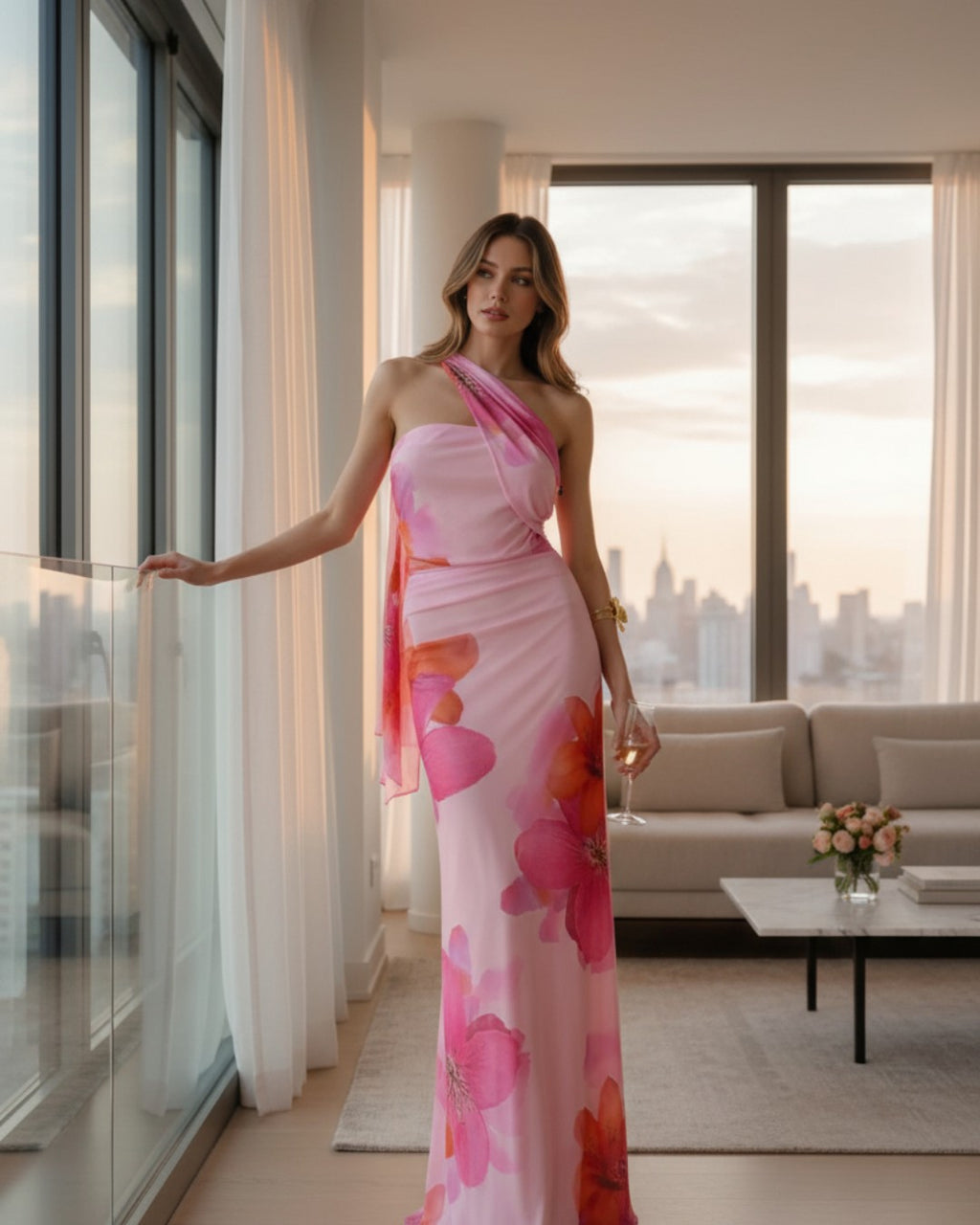 Isla Floral Print Maxi Dress – Pink strapless maxi sundress with scarf neck