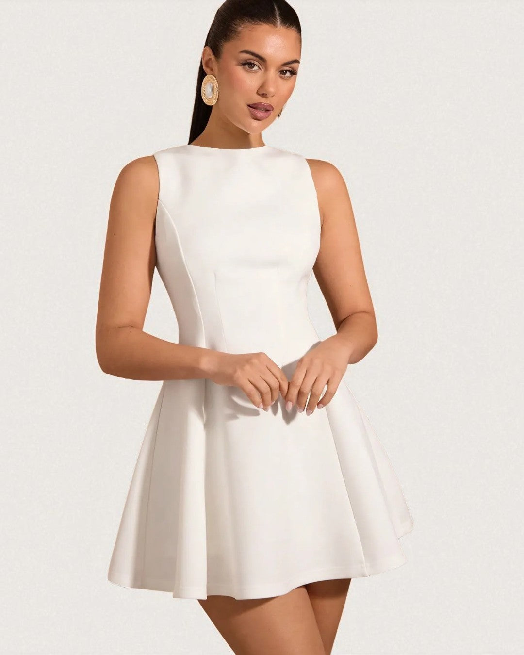 Ivy White Mini Dress, wedding guest mini dress, mini dress canada, womens white mini dress, pleated mini dress, a line mini dress