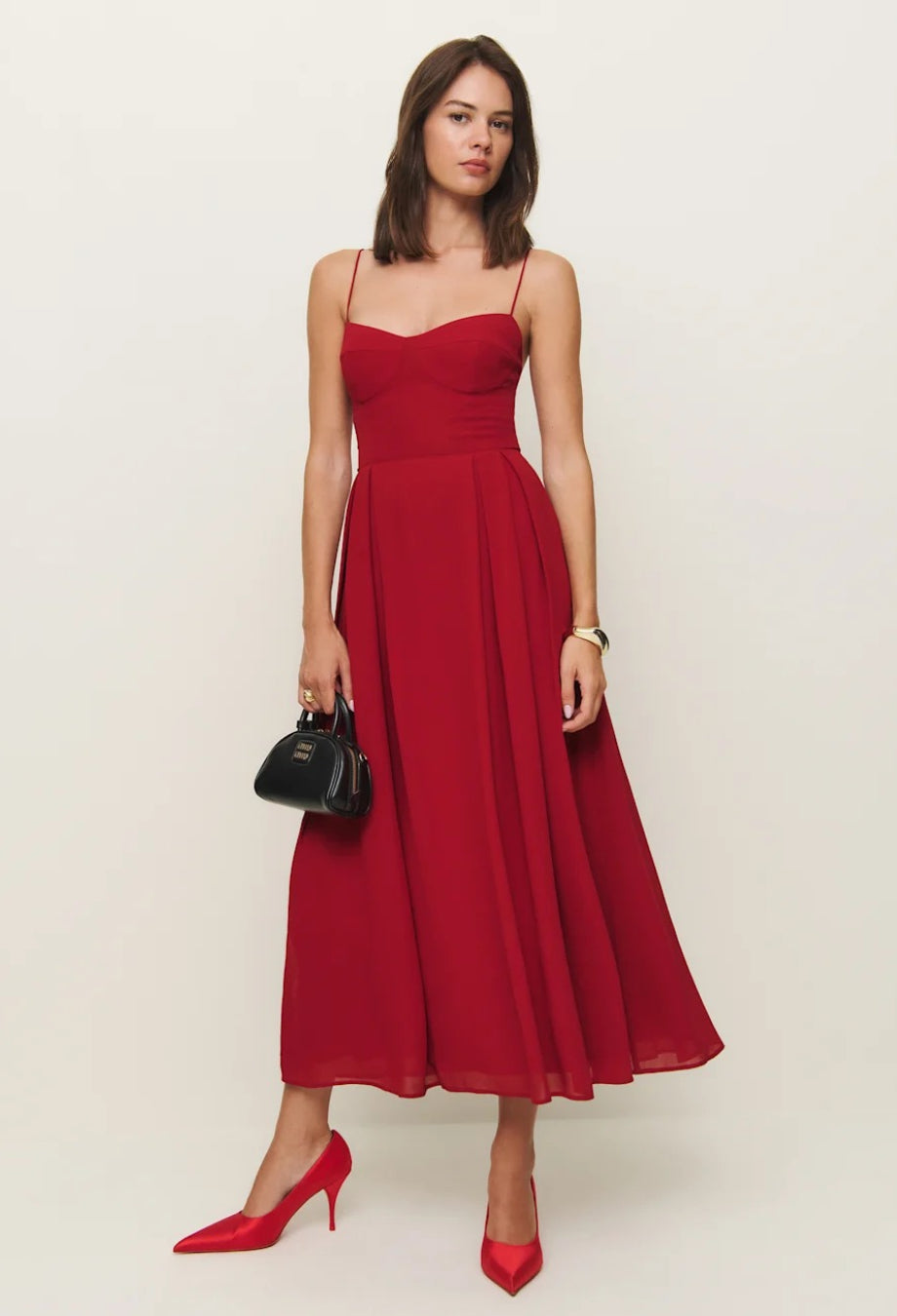Jaelyn Red chiffon Midi Dress, jaelyn dress, jaelyn dress reformation​