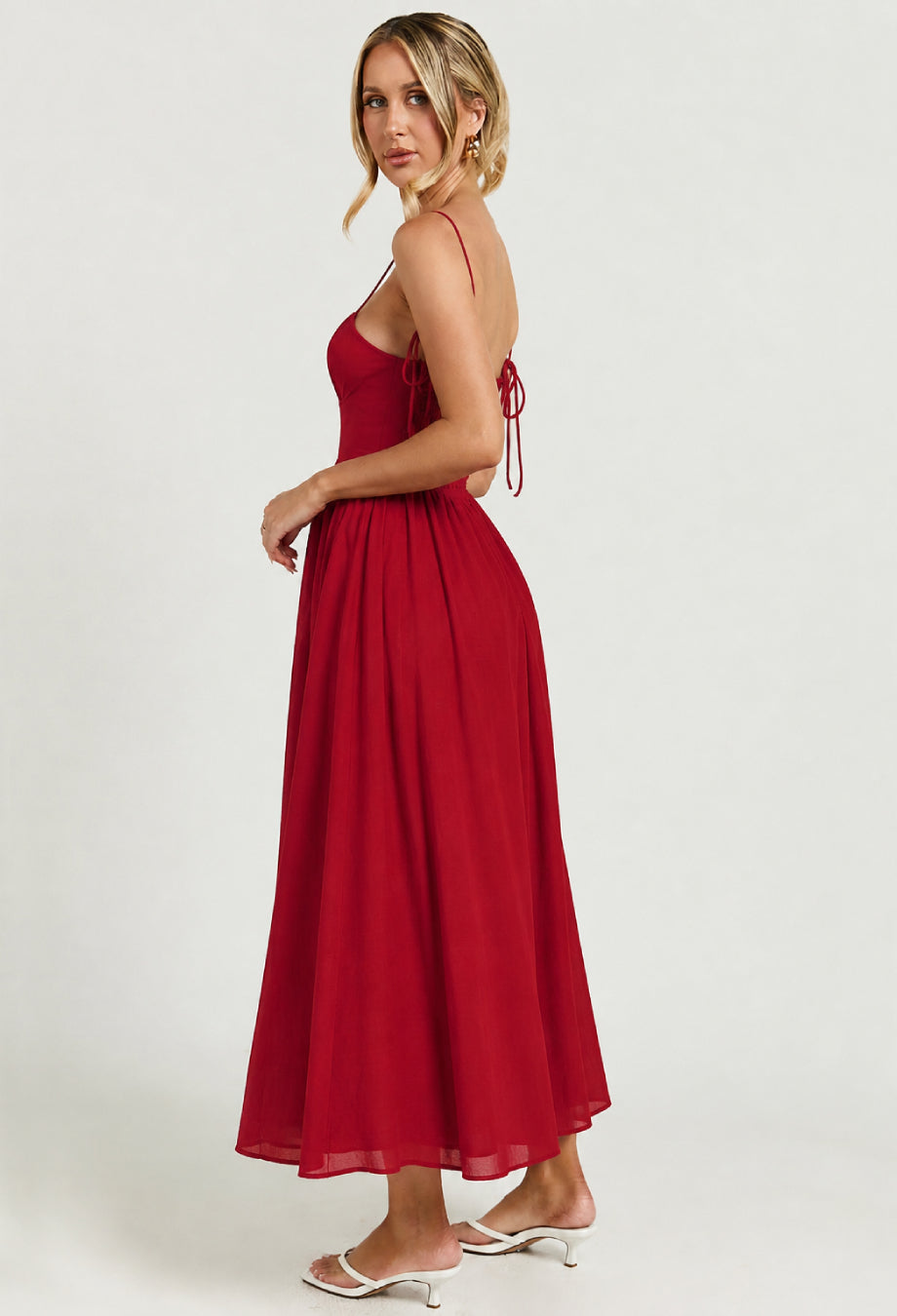 Jaelyn Red chiffon Midi Dress, reformation jaelyn dress​, chiffon evening dress​