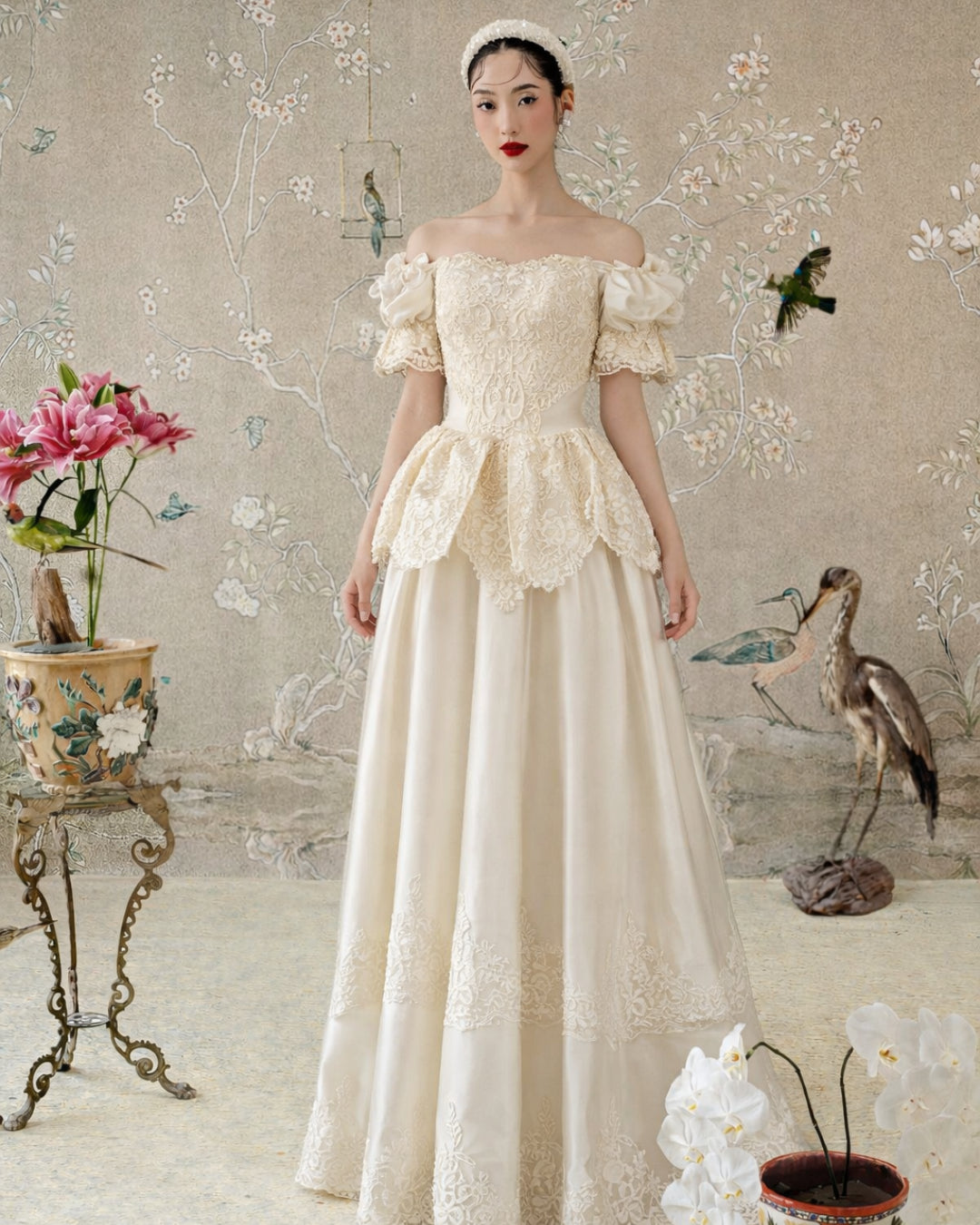 Jelena Vintage Embroidered Satin Maxi Dress