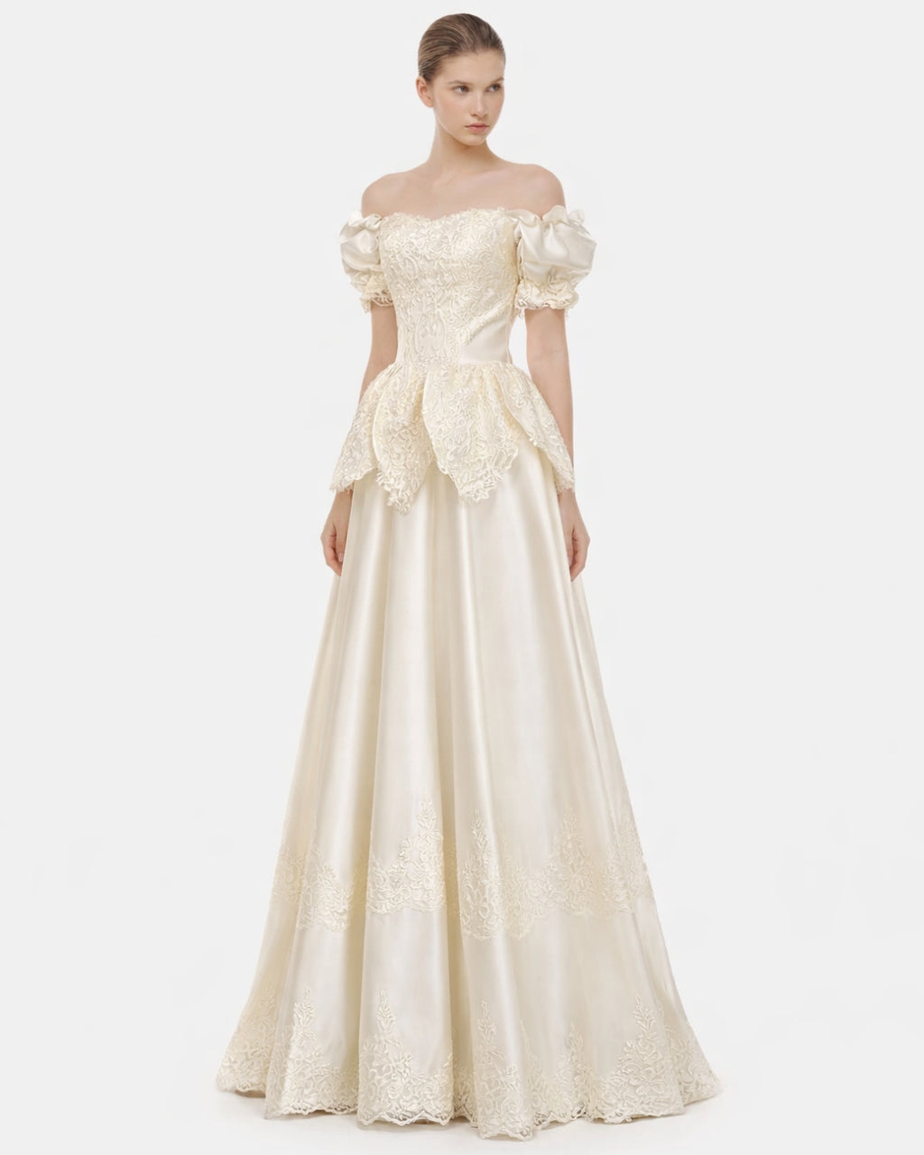 Jelena Vintage Embroidered Satin Maxi Dress, white bridal dress, bridal dress ivory​, nigeria bridal dress