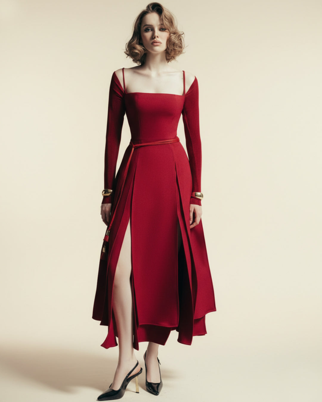 Juliana Burgundy Midi Dress, Winter Cocktail Dress, winter wedding guest dress, winter formal dress, red evening dress