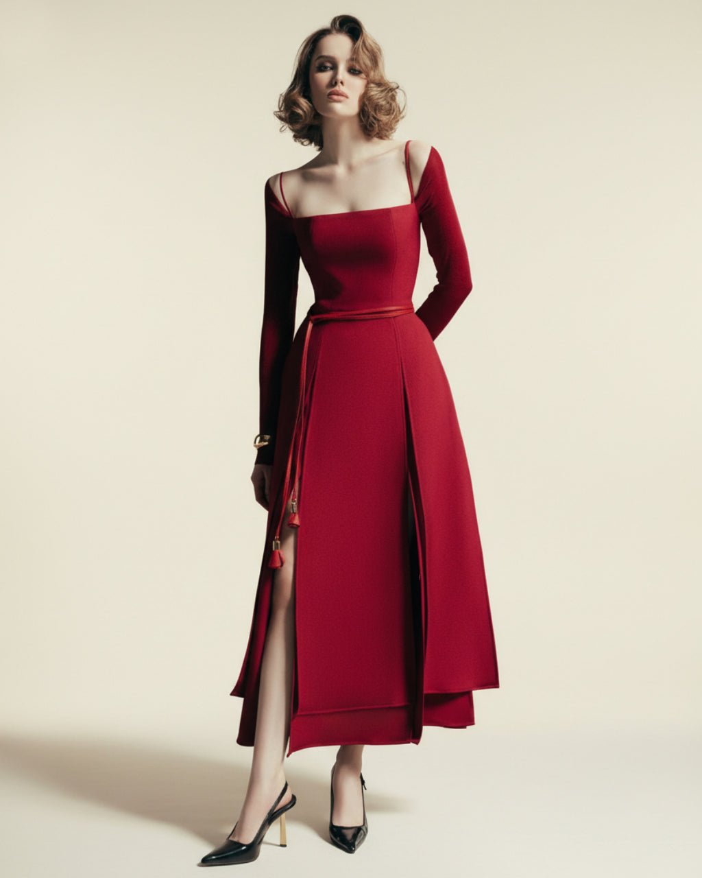 Juliana Burgundy Midi Dress, Winter Cocktail Dress, winter wedding guest dress, winter formal dress, red evening dress