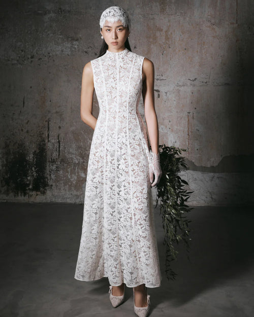 Kinsley White Lace Midi Dress, lace dress dress, lace dress bridal​, lace wedding dress​, white and lace dress​, huong boutique lace dress canada