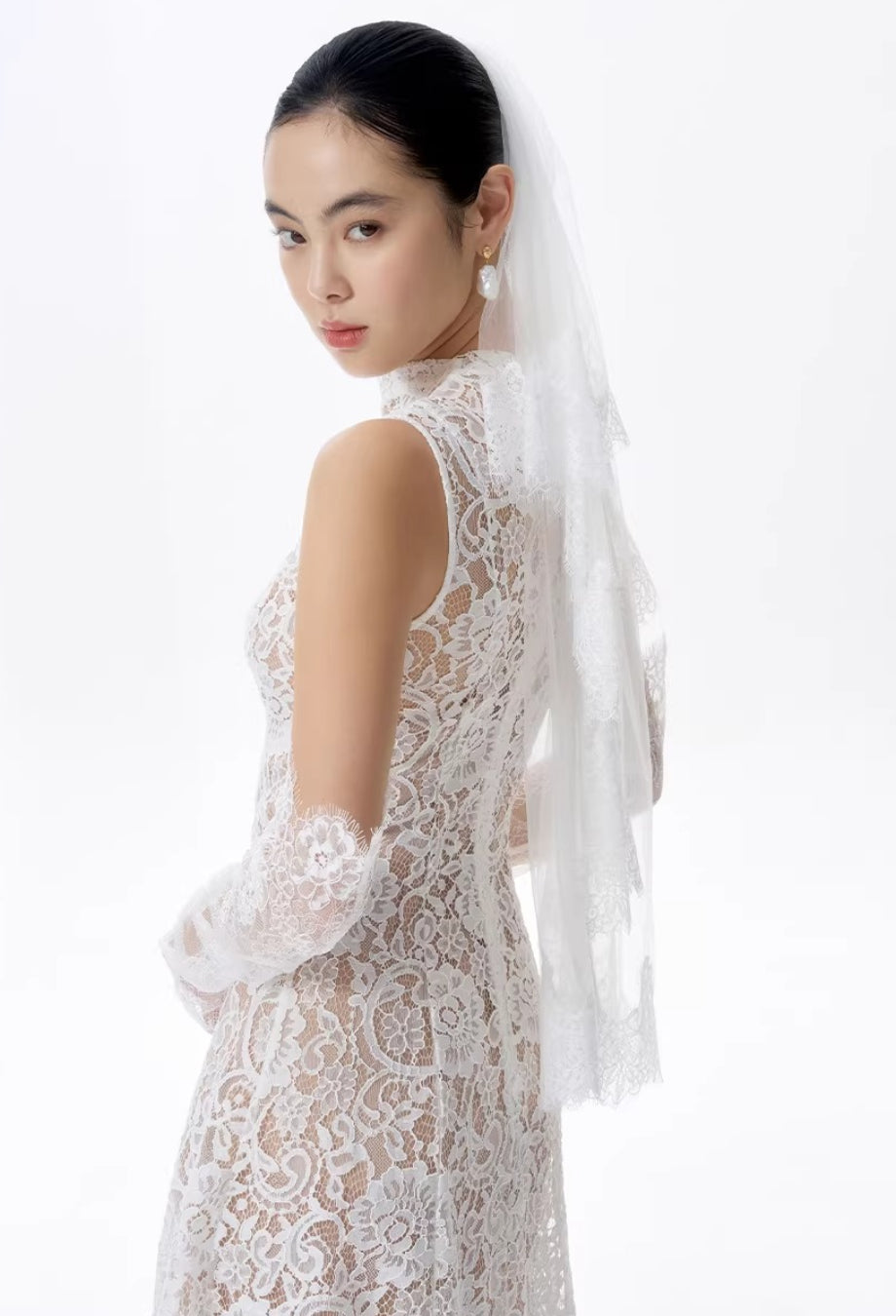 Kinsley White Floral Lace Midi Dress, antique wedding dress lace, high neck lace wedding dress, high neck lace wedding dress