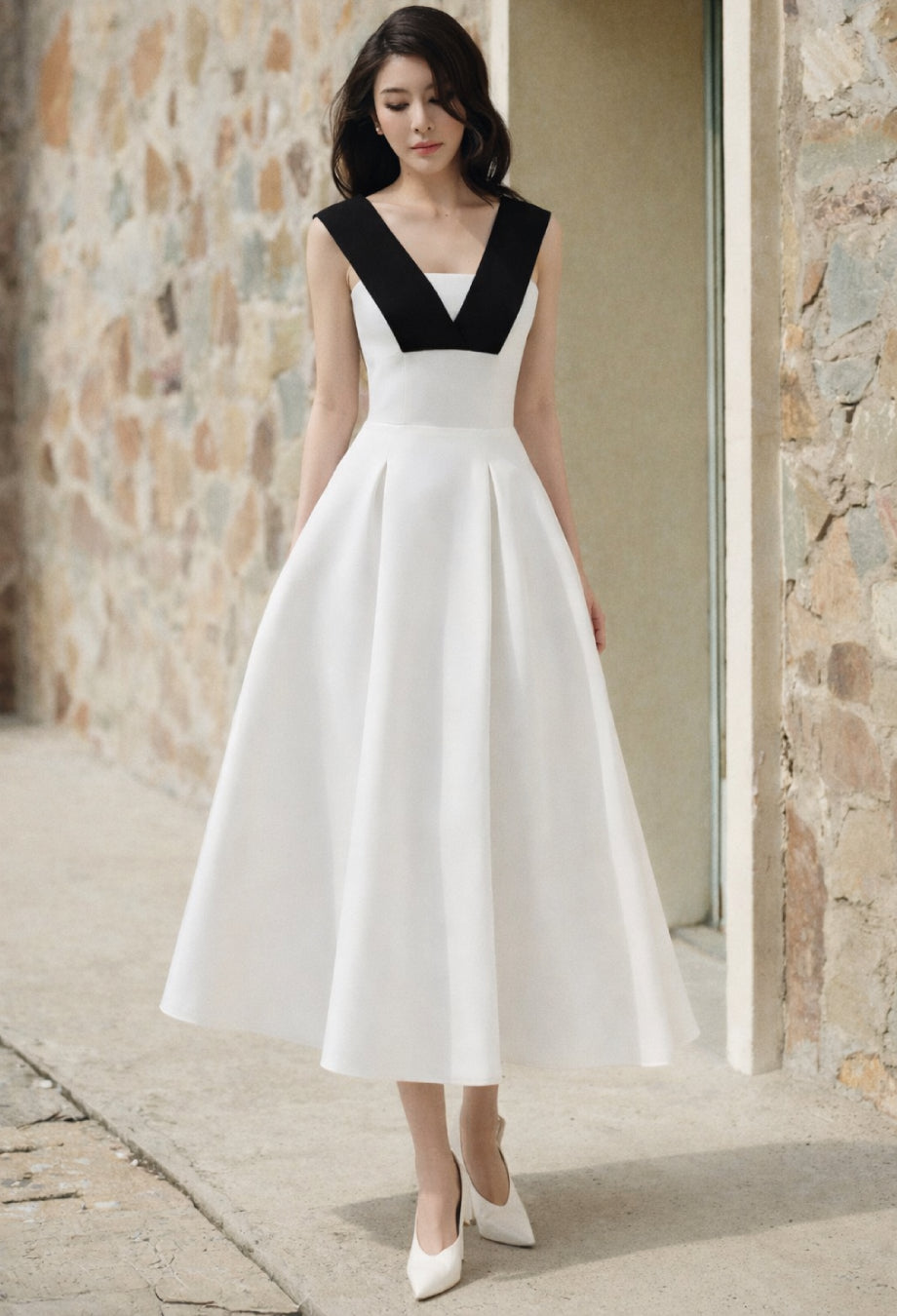  Lana Black and White Midi Dress, midi wedding guest dress, midi white cocktail dress, white eyelet dress midi