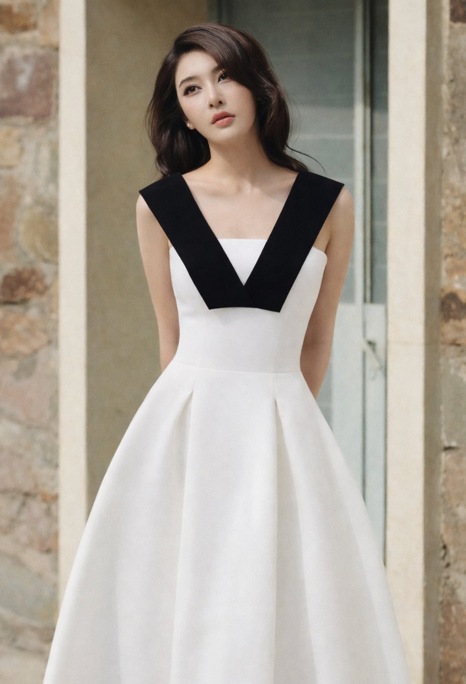  Lana Black and White Midi Dress, midi white skater dress, white cocktail dress midi