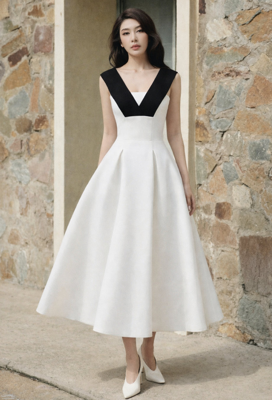  Lana Black and White Midi Dress, midi wedding guest dress, midi white cocktail dress, white eyelet dress midi